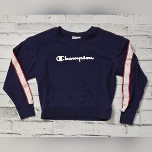Champion Navy Logo Sweatshirt w/ Sleeve Tape Stripes Women’s L